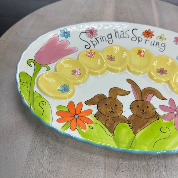 Colorful CRACKER BARREL Ceramic Egg Plate Bunny Flowers 'SPRING HAS SPRUNG' 13" - Picture 6 of 7